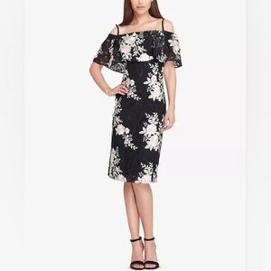 Tahari ASL Black and Pink Floral Midi Dress